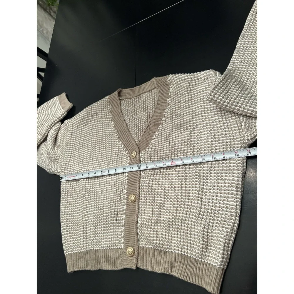 New Cardigan Sweater L Classy Taupe White Gold Time Buttons Large